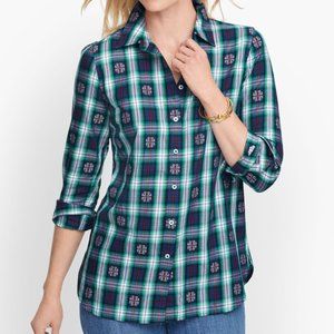 NWT TALBOTS | Snowflake Jacquard Plaid Classic Cotton Shirt Button Up Collared
